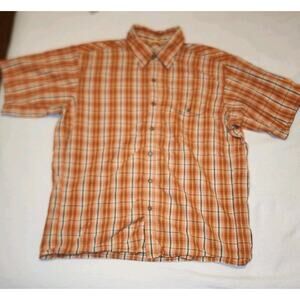 Mountain HardWear Shirt Men's L Cotton Blend Orange Plaid Short Sleeve Snap‎ Up